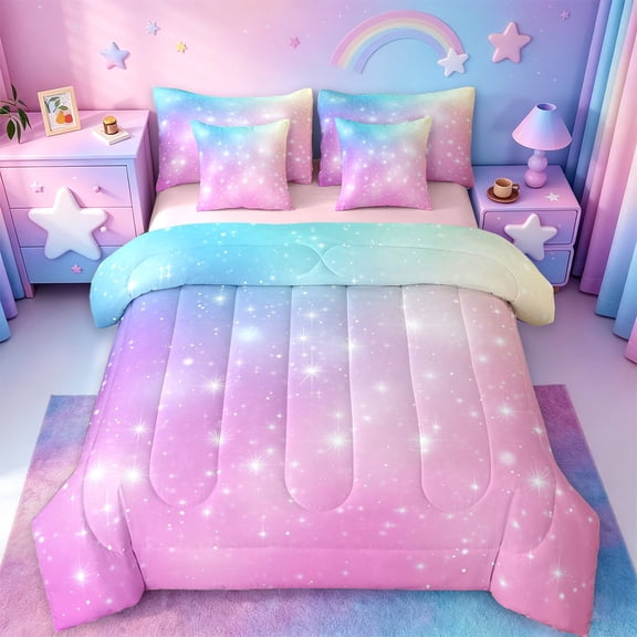 jejeloiu Rainbow Star Pattern 7pcs Bedding Comforter Set Kids,Abstract Galaxy Queen Bedding Sets For Girls,Reversible