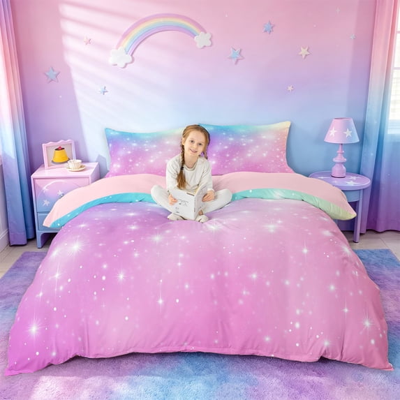 jejeloiu Rainbow Star Pattern Duvet Cover Set Kids,Abstract Galaxy Bedding Full For Girls,Reversible,3-Piece(No Comforter)