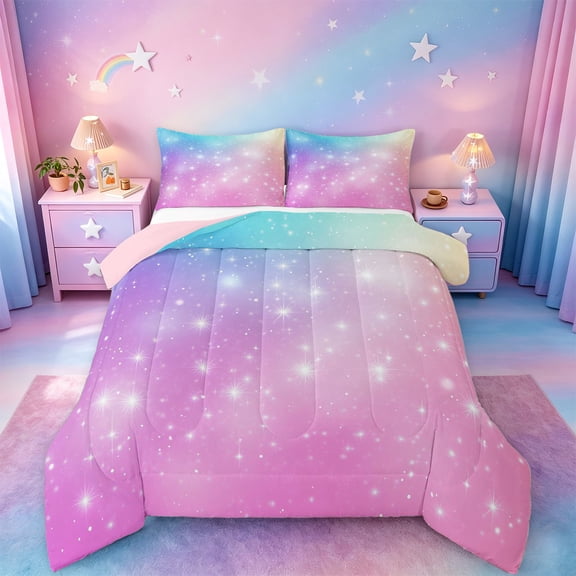 jejeloiu Rainbow Star Pattern Full Size Comforter Sets Kids,Abstract Galaxy Bedding Sets For Girls,Reversible,3-Piece