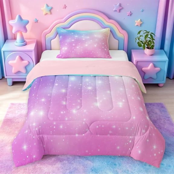 jejeloiu Rainbow Star Pattern Twin Comforter Sets Kids,Abstract Galaxy Bedding Set For Girls,Reversible,2pcs