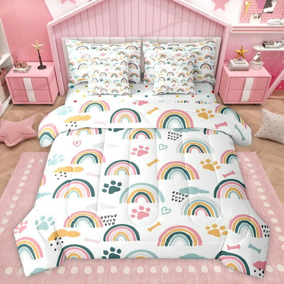 jejeloiu Rainbow Stripes Lines 7-Piece Bedding Comforter Set,Puppy Dogs Paws King Bedding Sets,Watercolor Graffiti Heart Print Bed Sheets For Kids,Ultra Soft Home Decor Reversible