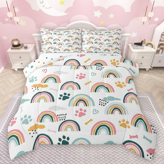 jejeloiu Rainbow Stripes Lines Queen Comforter Set,Puppy Dogs Paws Bedding Sets,Watercolor Graffiti Heart Print Bedding Comforter Set For Kids,Ultra Soft Home Decor Reversible,3pcs