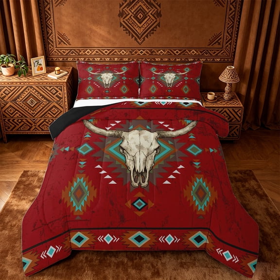 jejeloiu Red Aztec Print Full Size Comforter Sets Kids,Tribal Geometric Pattern Bedding SetsFor Men,Reversible,3pcs