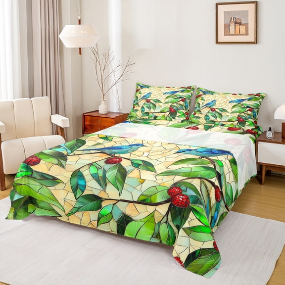 jejeloiu Red Berry Twin Sheet Sets,Christmas Cardinal Bird Twin Fitted Sheet,Green Beige Flat Sheet For Girls,Super Cozy Room Decor,3pcs