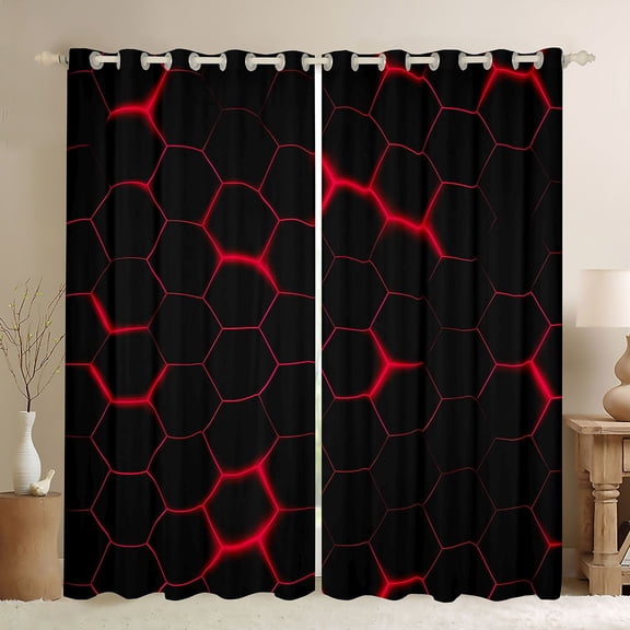 jejeloiu Red Black Curtains Pack of 2 (42x84 Each),Abstract Geometric Hexagon Curtains Blackout For Men Women