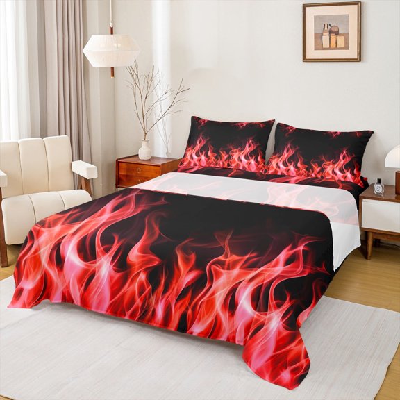 jejeloiu Red Black Flame Twin Sheet Sets,3D Fire Twin Fitted Sheet,Cool Flames Flat Sheet For Boys,Breathable Bedroom Decorative,3pcs