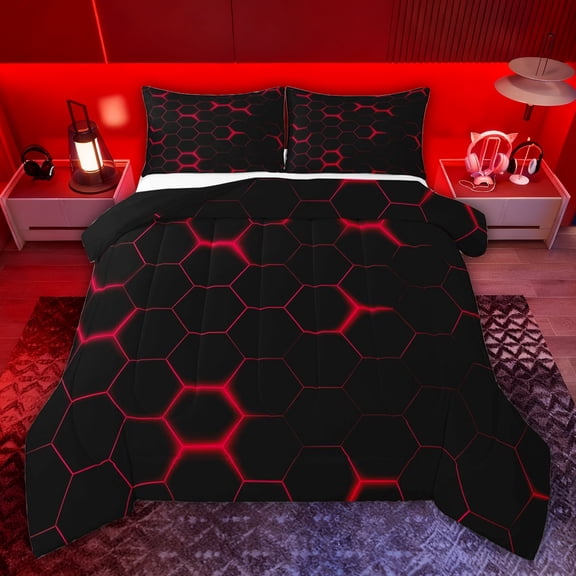 jejeloiu Red Black Full Size Comforter Sets,Abstract Geometric Hexagon Bedding Sets For Men Women Reversible 3pcs