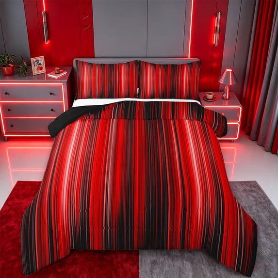 jejeloiu Red Black Gradient Stripe Texture Full Size Comforter Sets Kids,Ombre Pattern Bedding Sets,Reversible,3 Pieces