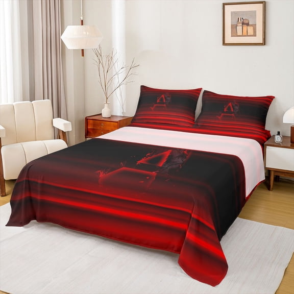 jejeloiu Red Black Monogram A Full Size Sheets For Boys,Gradient Initial Print Bed Sheets For Kids,4-Piece