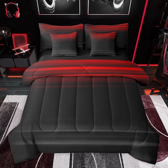 jejeloiu Red Black Stripe 7pcs Bedding Comforter Set,Modern Geometric Line Queen Bedding Sets,Minimaliam Stripes Desgin Queen Sheet Sets For Girls Boys,Super Cozy Room Decor Reversible
