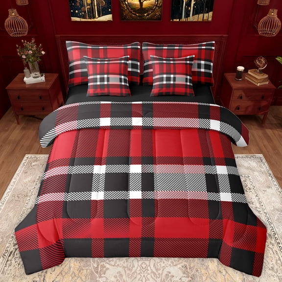 jejeloiu Red Black Stripes 7-Piece Bedding Comforter Set,Modern Abstract Geometric King Bedding Sets,Minimlasim Plaid Grid Bed Sheets For Boys Kids,Luxury Bedroom Decor Reversible
