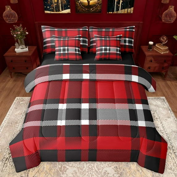 jejeloiu Red Black Stripes 7-Piece Twin Bedding Sets,Modern Abstract Geometric Bedding Comforter Set,Minimlasim Plaid Grid Sheet Sets For Boys Kids,Luxury Bedroom Decor Reversible