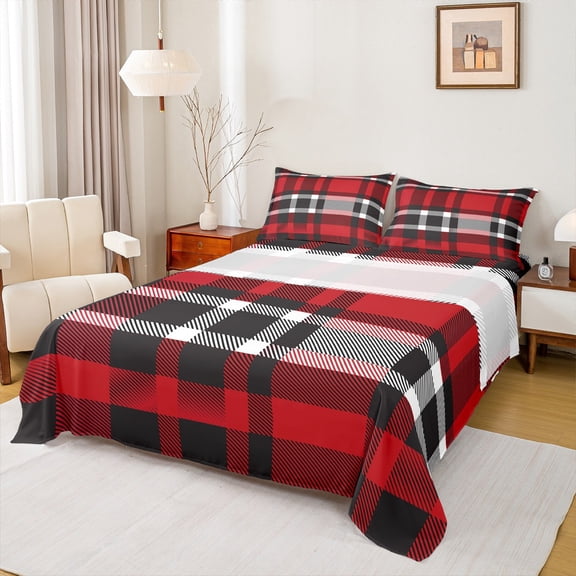 jejeloiu Red Black Stripes Queen Sheet Sets,Modern Abstract Geometric Flat Sheet,Minimlasim Plaid Grid Queen Fitted Sheet For Boys Kids,Luxury Bedroom Decor,4-Piece