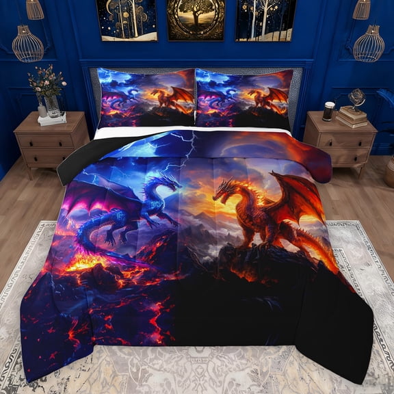 jejeloiu Red Blue Dragon Queen Comforter Set,Wild Animal Bedding Sets,Western Fantasy Bedding Comforter Set For Teens,Breathable Home Decor Reversible,3pcs