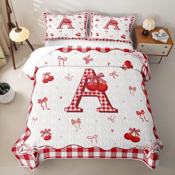 jejeloiu Red Bow Cherry Monogram A Bed Spread Queen For Girls,Coquette Bow Tie Initial Queen Coverlet Set For Kids,3-Piece