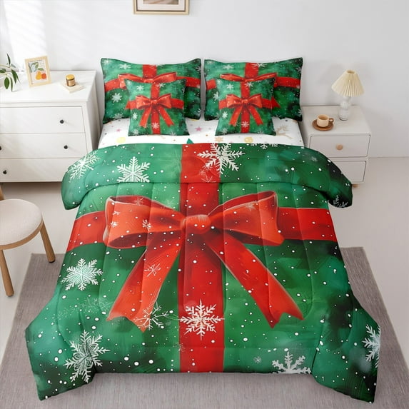 jejeloiu Red Bowknot Bow Twin Bedding Sets 7-Piece,Happy New Year Bedding Comforter Set,White Xmas Snowflake Sheet Sets For Girl,Red White Home Decor Reversible