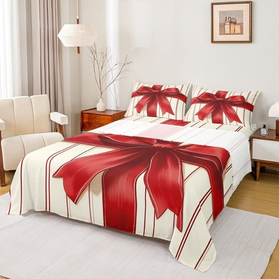 jejeloiu Red Bowtie Bow Twin Sheet Sets,Merry Christmas Twin Fitted Sheet,Western Festival Flat Sheet For Children,Super Cozy Room Decor,3-Piece