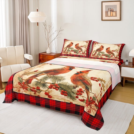jejeloiu Red Cardinal Berry Merry Christmas Geometric Plaid King Sheet Set,Breathable Kids Bedding,4-Piece