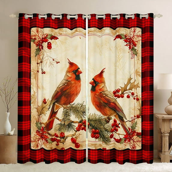jejeloiu Red Cardinal Berry Black Out Curtains,Merry Christmas Curtains Pack of 2 (42x63 Each),Geometric Plaid Bedroom Curtains For Girls Boys,Reathable Home Decor
