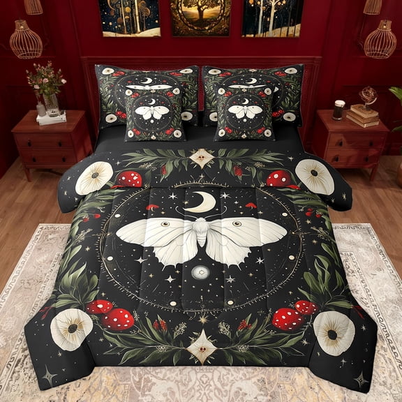 jejeloiu Red Cartoon Mushroom 7-Piece Bedding Comforter Set,Boho Bohemian Moth King Bedding Sets,Rustic Fungus Plants Bed Sheets For Girls Boys,Ultra Soft Home Decor Reversible