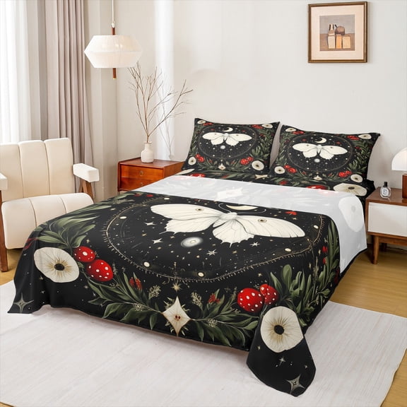 jejeloiu Red Cartoon Mushroom Twin Sheet Sets,Boho Bohemian Moth Twin Fitted Sheet,Rustic Fungus Plants Flat Sheet For Girls Boys,Ultra Soft Home Decor,3 Pieces