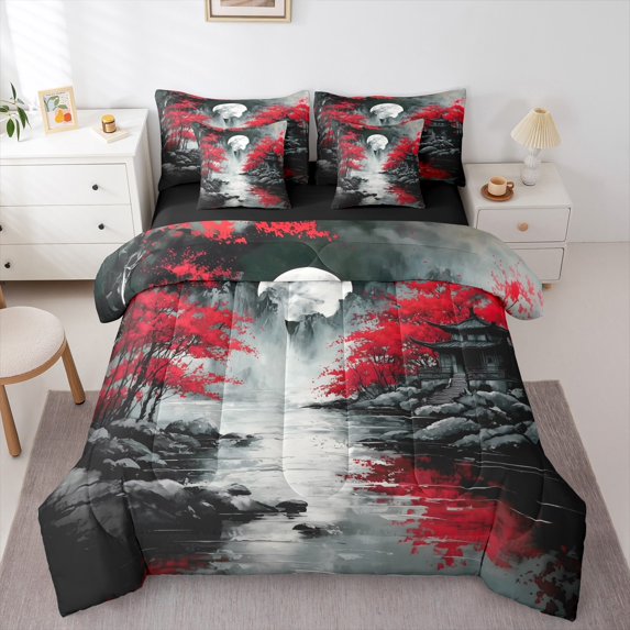 jejeloiu Red Cherry Blossoms Twin Bedding Sets 7-Piece,Fuji Mountain Bedding Comforter Set,Japanese Style Sheet Sets For Adult,Breathable Home Decor Reversible