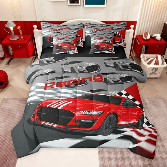 jejeloiu Red Cool Car 7-Piece Twin Bedding Sets,Extreme Sport Lover Bedding Comforter Set For Racing Gamer Reversible