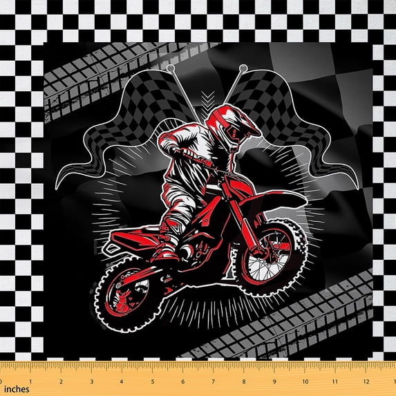 jejeloiu Red Dirt Bike Fabric by the Yard 5 Yards,Modern Geometric Grid Fabric for Sewing,Extreme Sport Home Decor Fabric by the Yard Teens,Ultra Soft Home Decor