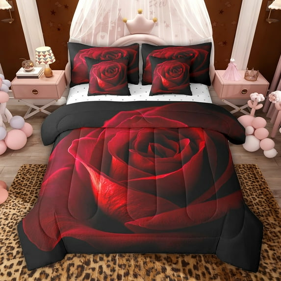 jejeloiu Red Flowers Floral 7-Piece Twin Bedding Sets,Valentine's Day Rose Bedding Comforter Set For Men Women Reversible