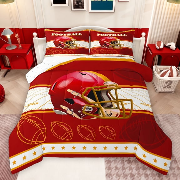 jejeloiu Red Football Helmet Queen Comforter Set,Rugby Sport Bedding Sets,Boys Ball Game Bedding Comforter Set For Teens,Luxury Bedroom Decor Reversible,3 Pieces