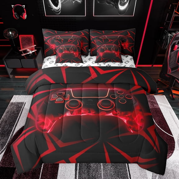 jejeloiu Red Game Console 7-Piece Bedding Comforter Set,Kids Gamepad Controller King Bedding Sets,3D Video Games Bed Sheets For Teens,Luxury Bedroom Decor Reversible