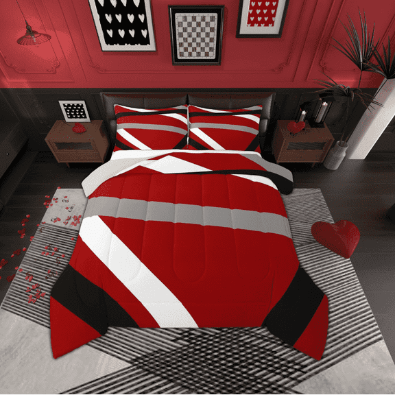 jejeloiu Red Geometric Stripes Bedding Comforter Set,Line Art Design Twin Comforter Sets,Abstract Geometric Lines Bedding Set,Ightweight Bedroom Decorative Reversible,3-Piece