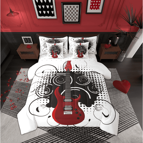 jejeloiu Red Guitar Bedding Comforter Set 7pcs,Music Theme Queen Bedding Sets,Musical Instrument Queen Sheet Sets For Children,Super Cozy Room Decor