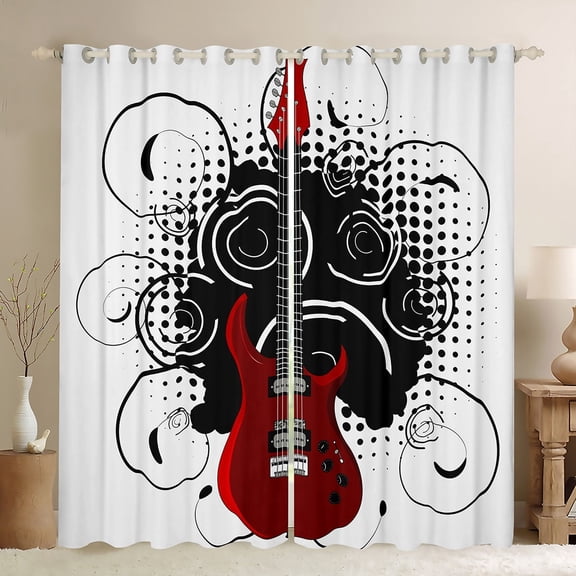jejeloiu Red Guitar Black Out Curtains,Music Theme Curtains Pack of 2 (42x63 Each),Musical Instrument Bedroom Curtains For Children,Super Cozy Room Decor