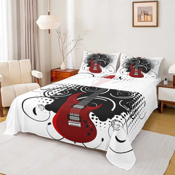 jejeloiu Red Guitar Full Size Sheets,Music Theme Bed Sheets,Musical Instrument Sheet Sets For Children,Super Cozy Room Decor,4pcs