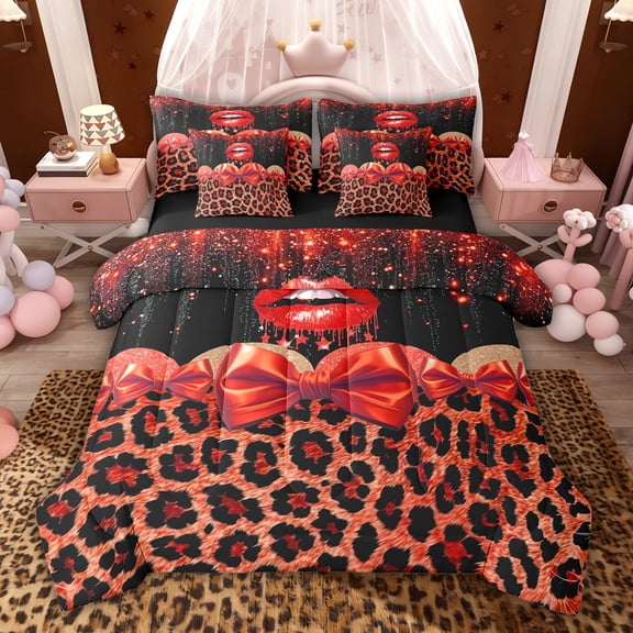 jejeloiu Red Leopard Pattern 7-Piece Bedding Comforter Set,Cartoon Bowknot Ribbon King Bedding Sets For Cheetah Lover Reversible