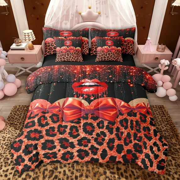 jejeloiu Red Leopard Pattern 7-Piece Twin Bedding Sets,Cartoon Bowknot Ribbon Bedding Comforter Set For Cheetah Lover Reversible
