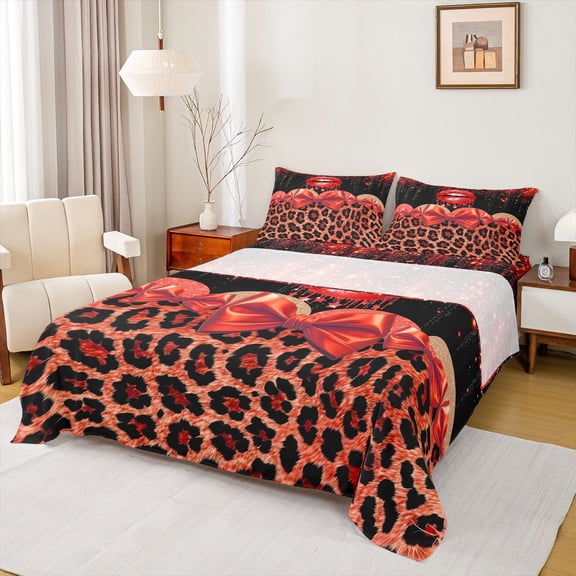 jejeloiu Red Leopard Pattern Full Size Sheets,Cartoon Bowknot Ribbon Bed Sheets For Cheetah Lover 4 Pieces