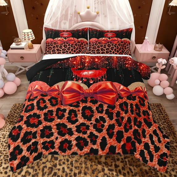 jejeloiu Red Leopard Pattern Queen Comforter Set,Cartoon Bowknot Ribbon Bedding Comforter Set For Cheetah Lover Reversible 3pcs