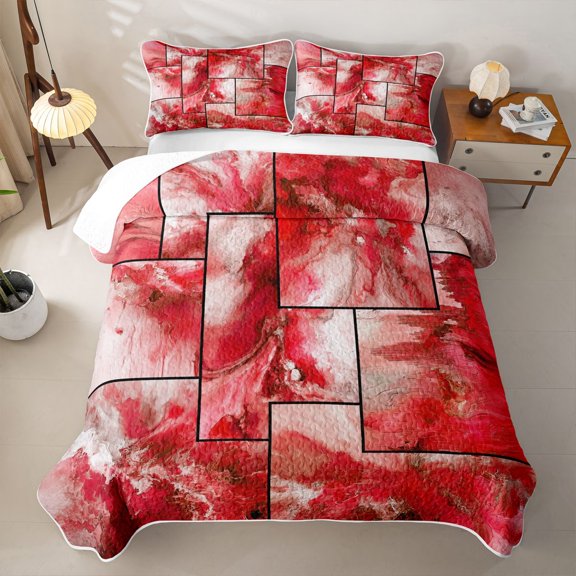 jejeloiu Red Marble Patchwork Art Bed Spread Queen Kids,Abstract Print Queen Coverlet Set,3pcs