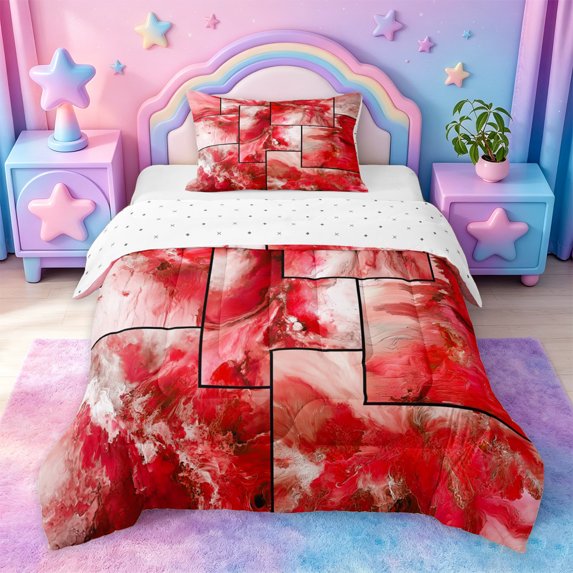 jejeloiu Red Marble Patchwork Art Twin Comforter Sets Kids,Abstract Print Bedding Set,Reversible,2 Pieces
