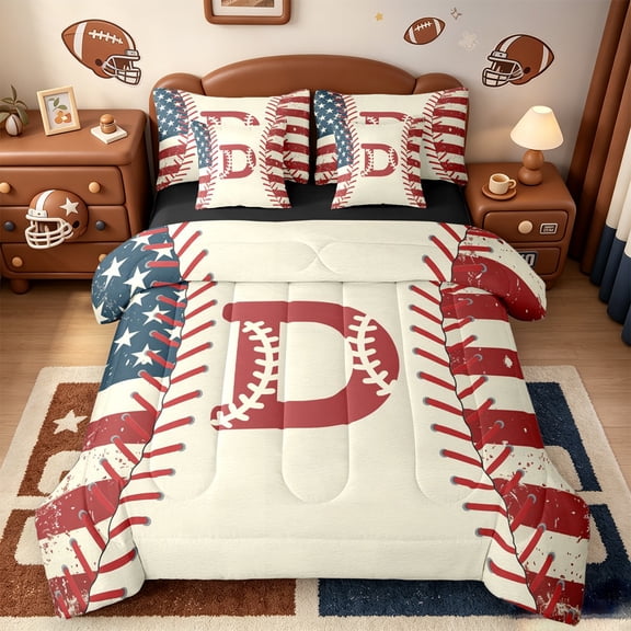 jejeloiu Red Monogrammed D 7 Pieces Bedding Comforter Set,Boys Ball Games Full Bedding Set For Baseball Boys Reversible