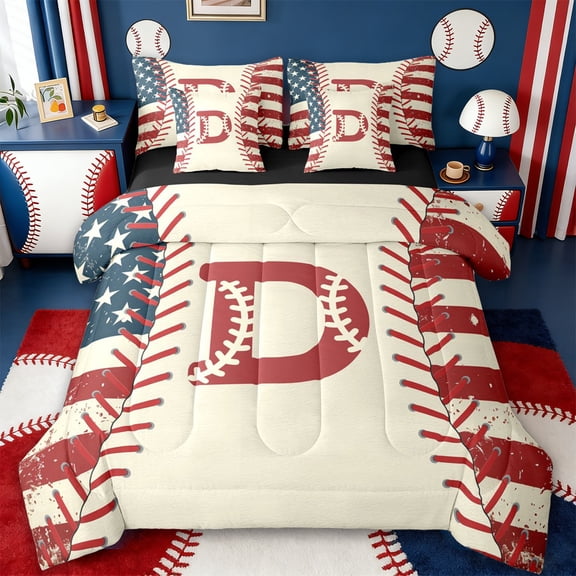jejeloiu Red Monogrammed D 7 Pieces Bedding Comforter Set,Boys Ball Games Full Bedding Set For Baseball Boys Reversible