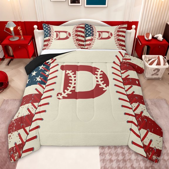 jejeloiu Red Monogrammed D Queen Comforter Set,Boys Ball Games Bedding Comforter Set For Baseball Boys Reversible 3pcs