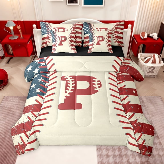 jejeloiu Red Monogrammed P 7-Piece Bedding Comforter Set,Boys Ball Games King Bedding Sets For Baseball Boys Reversible