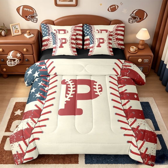 jejeloiu Red Monogrammed P 7 Pieces Bedding Comforter Set,Boys Ball Games Full Bedding Set For Baseball Boys Reversible