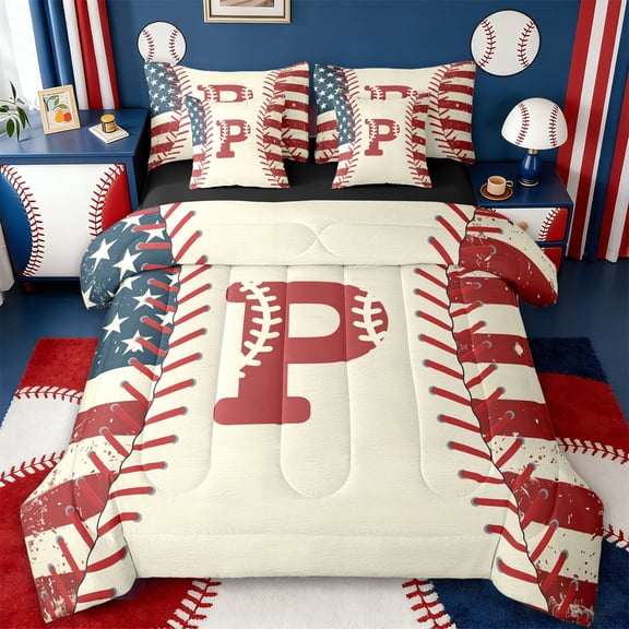 jejeloiu Red Monogrammed P 7 Pieces Bedding Comforter Set,Boys Ball Games Full Bedding Set For Baseball Boys Reversible