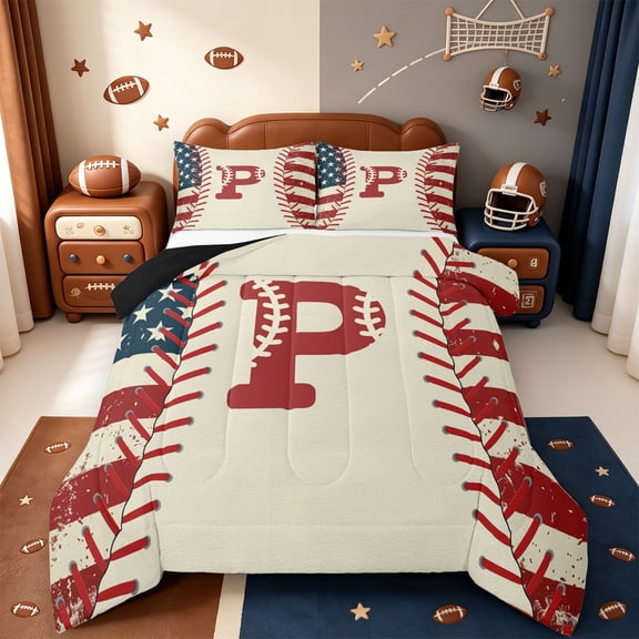 jejeloiu Red Monogrammed P Twin Comforter Sets,Boys Ball Games Bedding Set For Baseball Boys Reversible 2 Pieces