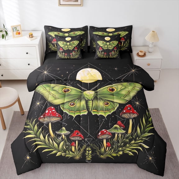 jejeloiu Red Mushroom 7-Piece Bedding Comforter Set,Green Moth King Bedding Sets,Tropical Botanical Leaves Bed Sheets For Girl Child,Microfiber Bedroom Decor Reversible