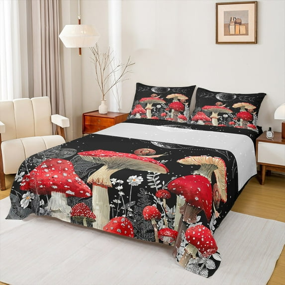 jejeloiu Red Mushroom Bed Sheets,Rustic Fungus Plants King Sheets,White Flowers Daisy Sheet Set For Girls Kids,Ultra Soft Home Decor,4 Pieces